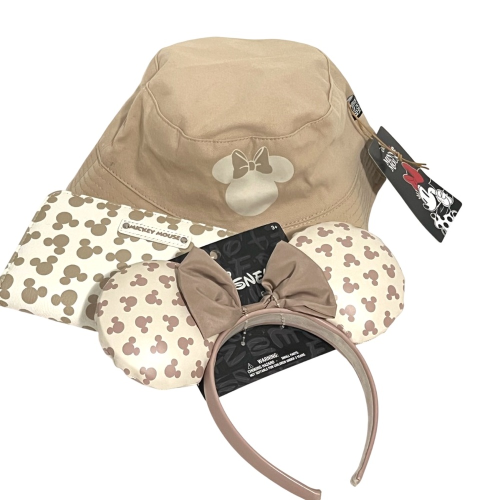 Disney Beige Minnie Mouse Ears Headband, wallet, and Hat Set